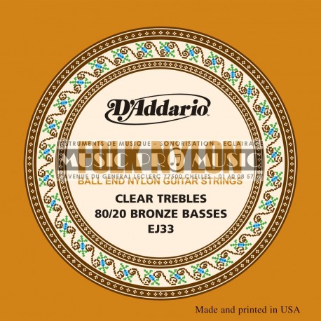 D'Addario EJ33 - Jeu de cordes à boule Cuivre nylon clair pour guitare classique