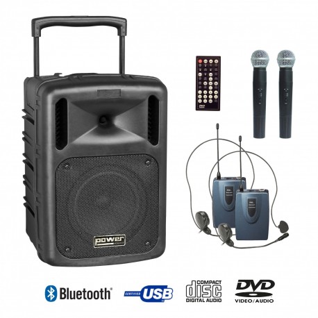 Power Acoustics BE 9208 PTABS - Sono portable CD MP3+USB+DIVX+2 micros main+body pack+bluetooth