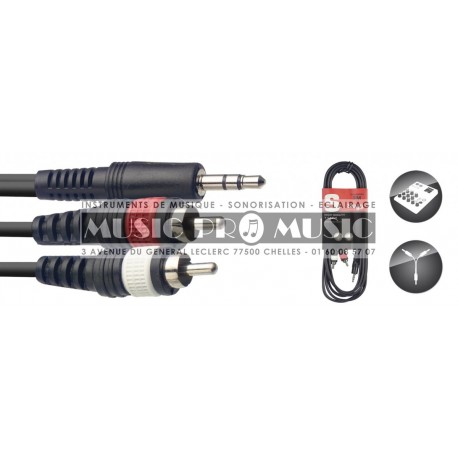 Stagg SYC3/MPS2CM-E - Câble Y Jack 3,5mm mâle stéréo - 2x RCA mâle 3 mètres