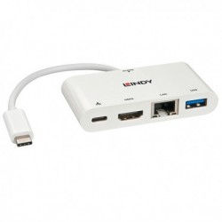Lindy - Adaptateur USB 3.1 type C mâle vers 1x HDMI, 1x USB 3.0, 1x Ethernet et 1x report USB 3.1 - 4K UHD