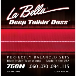 La Bella 760N - Jeu de cordes pour basse électrique 4 cordes Black Nylon Tape Standard (60-70-94-115) Filet plat nylon noir