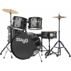 Stagg TIM122B BK - Batterie acoustique standard 22" 5 fûts en tilleul finition noire avec hardware et cymbales