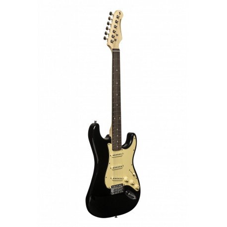 Stagg SES-30 BK - Guitare électrique standard type "S" noir birllant pickguard blanc vintage