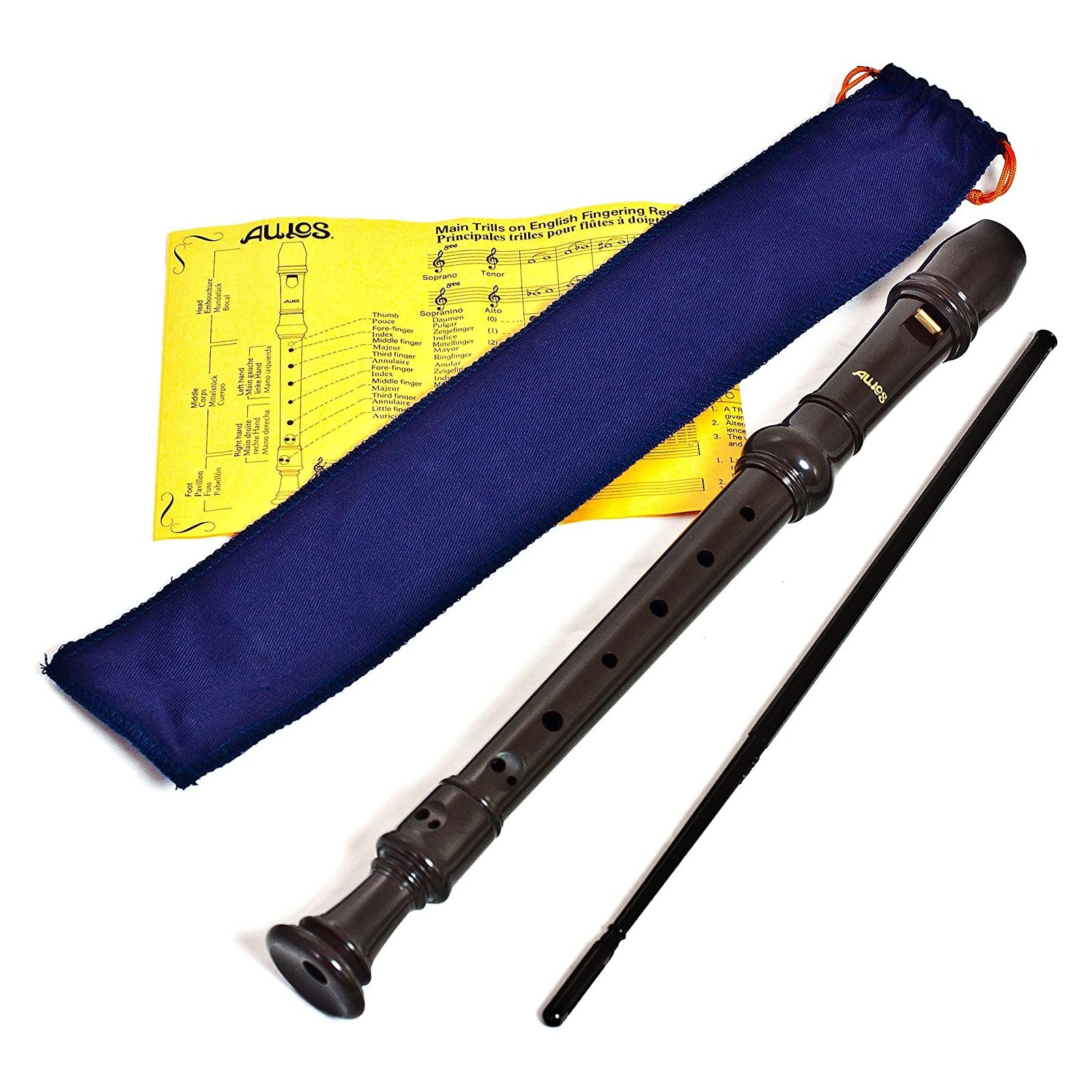 Aulos 303A-E - Flute à bec soprano doigté baroque noire avec pochette et  tige ecouvillon