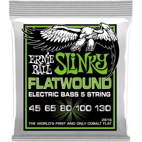 Ernie Ball 2816 - Jeu de cordes filet plat basse 5 cordes Slinky Flatwound 45-65-80-100-130