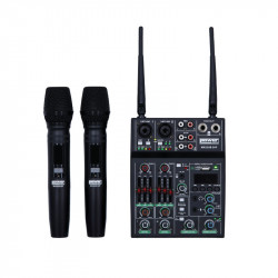 Power Acoustics MX 22 UB 2HF - Table de mixage 4 canaux avec 2 micros sans fil UHF et lecteur MP3/USB/BT