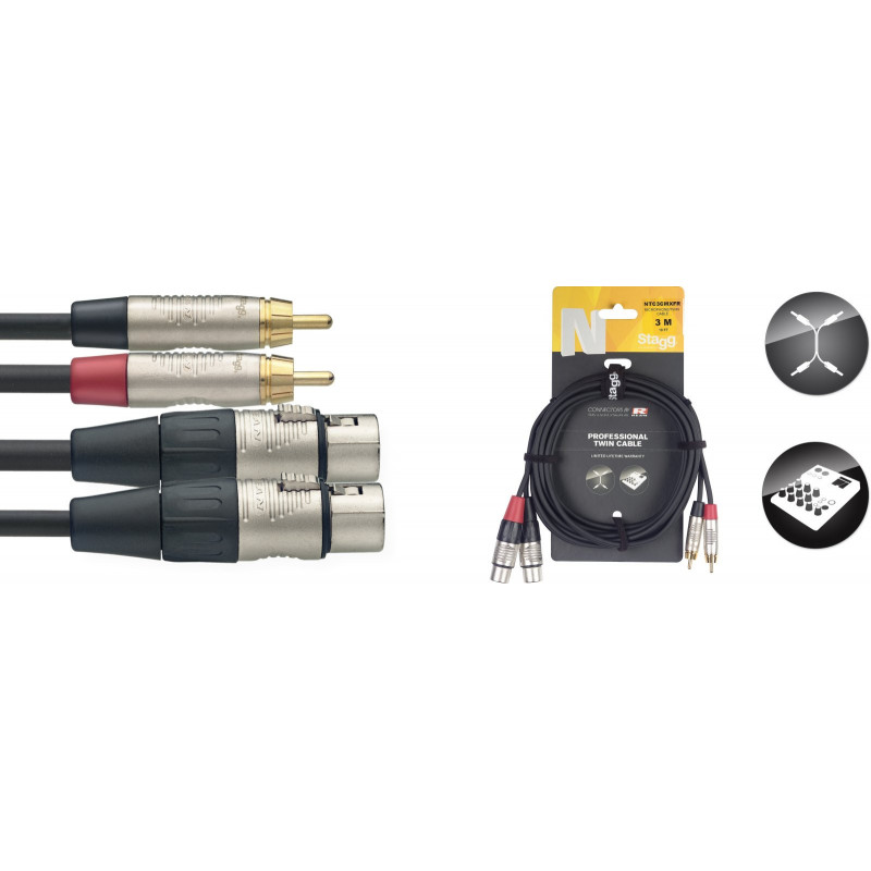 Stagg NTC3CMXFR - Câble bretelle 2x RCA mâle vers 2x XLR femelle 3 m Série N