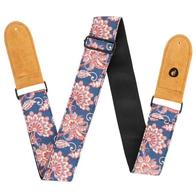 Prodipe Guitars Sangle 50mm JACQUARD - Courroie motif fleurs doublée noire embouts en cuir daim