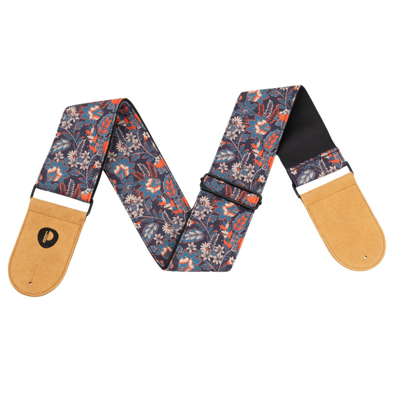 Prodipe Guitars Sangle 75mm JACQUARD - Courroie motif vegetal doublée noire embouts en cuir daim
