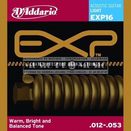D'Addario EXP16 - Jeu de cordes Coated Phosphor Bronze 12-53 pour guitare acoustique