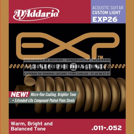 D'Addario EXP26 - Jeu de cordes Coated Phosphor Bronze 11-52 pour guitare acoustique